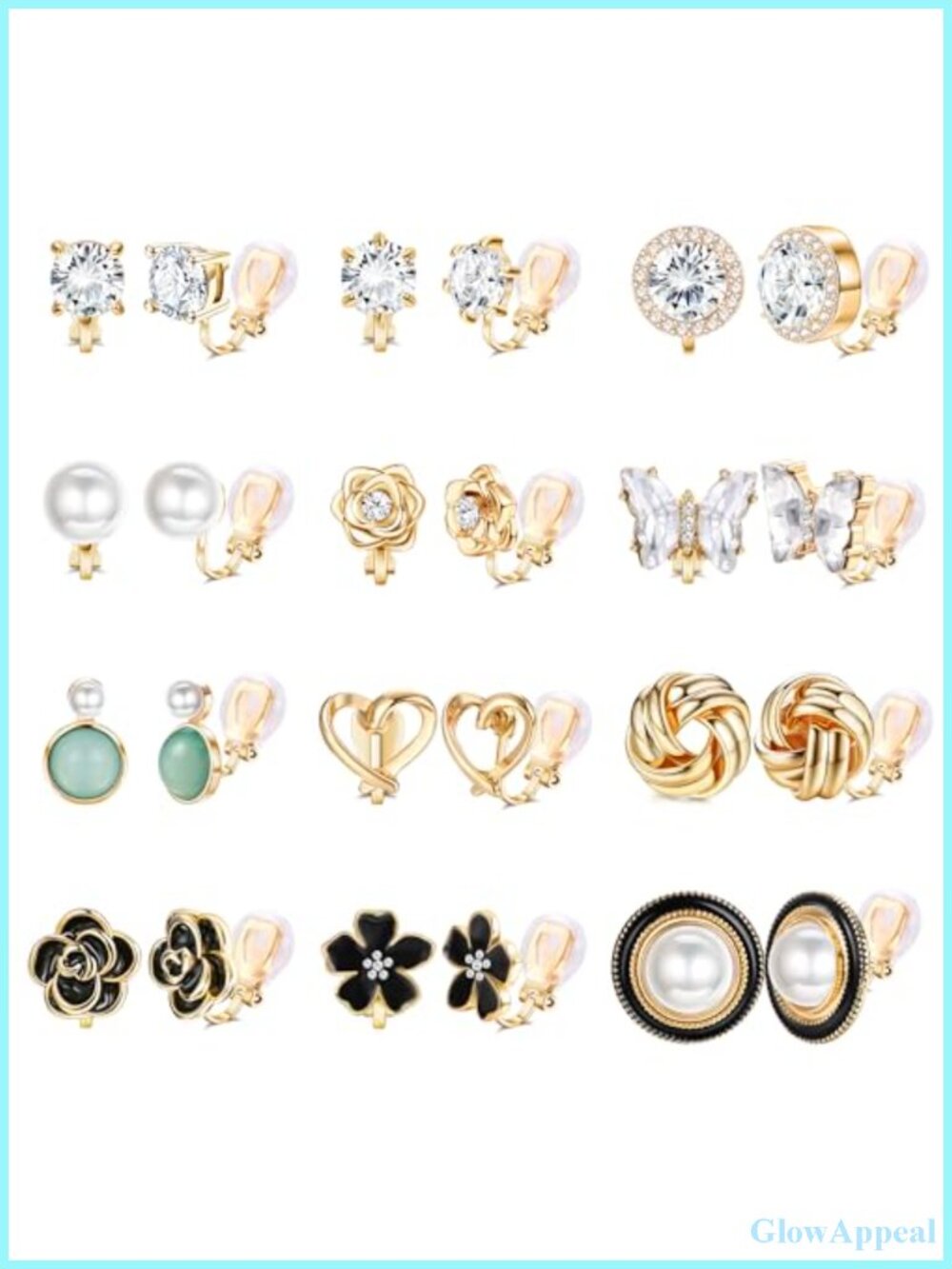 12 Pairs Clip On Earrings for Women CZ Pearl Non Piercing 14K Gold Plated Set